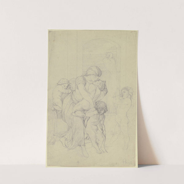 Eine Frau, umgeben von drei Putten, hält eine gnomenhafte männliche Gestalt umschlungen, auf der Fensterbank im Hintergrund ein Schwan, sein Gefieder ordnend by Victor Müller