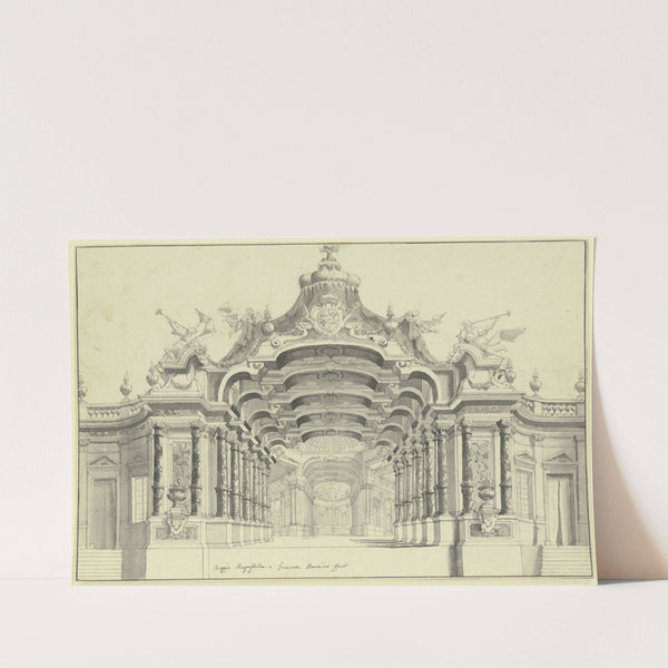 Eine große Halle mit einem Baldachin überbaut, unter welchem ein Wappen zu sehen ist, rechts und links zwei Faune in Trompeten stoßend by Ferdinando Galli Bibiena