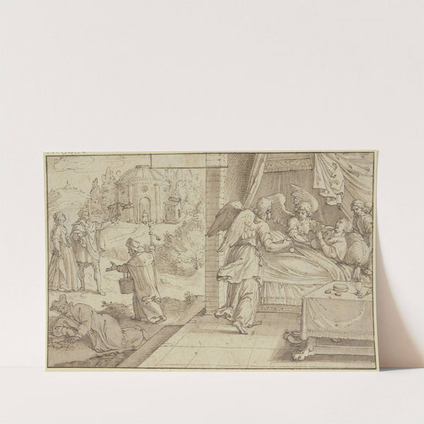 Eine Heilige krank im Bette liegend, von Engeln getröstet by Pieter de Jode I