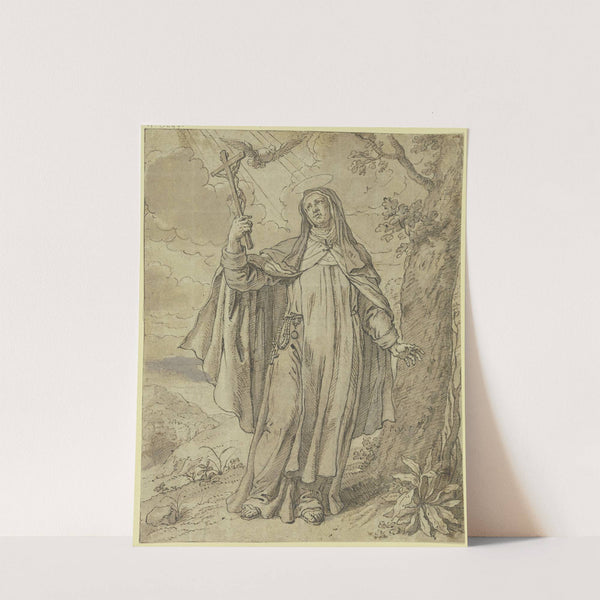 Eine heilige Nonne hält das Kruzifix in der Hand, der Heilige Geist schwebt über ihr, rechts ein Baum by Pieter van Lint