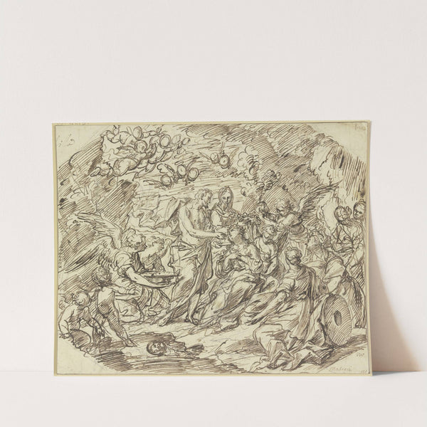 Eine Heilige wird von Maria mit Blumen gekrönt und bekommt von Christus die Hostie, eine Engelschar umgibt die Gruppe by Agostino Masucci