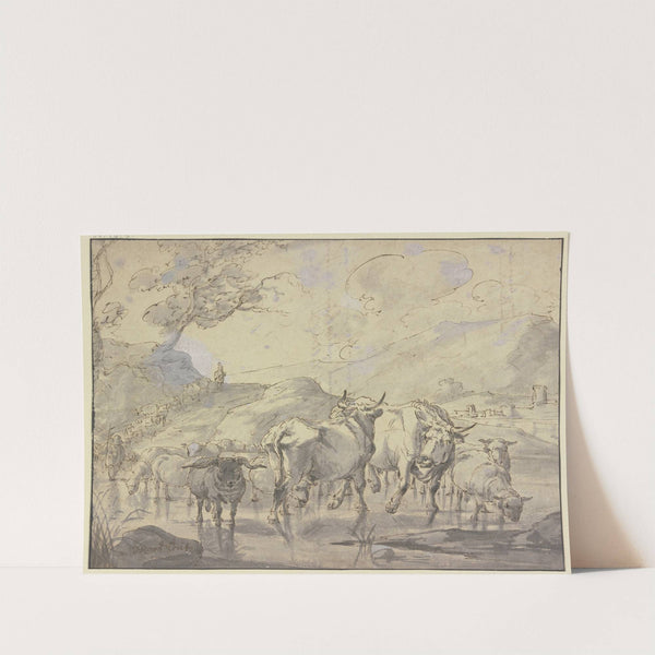 Eine Herde von Rindern und Schafen kommt einen Bergpfad herab zur Tränke by Johann Heinrich Roos