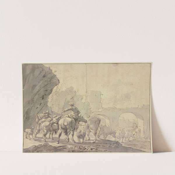 Eine Herde zieht durch Wasser unter einem Brückenbogen durch, gefolgt von einer Hirtin zu Pferde, einem Kinde zu Esel und dem Hirten zu Fuß by Johann Heinrich Roos