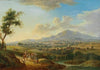 Eine hügelige Flusslandschaft mit Marktfahrern und Anglern