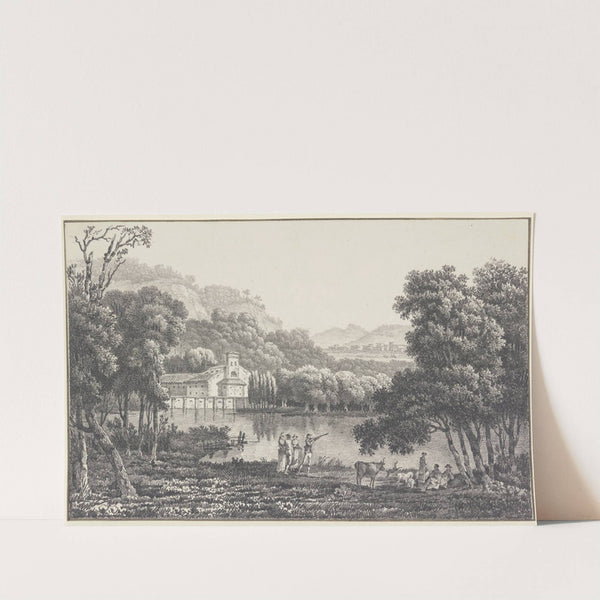 Eine Kirche an einem See, vorn Figuren und Vieh, dabei ein Jäger by Nicolas Joseph Vergnaux