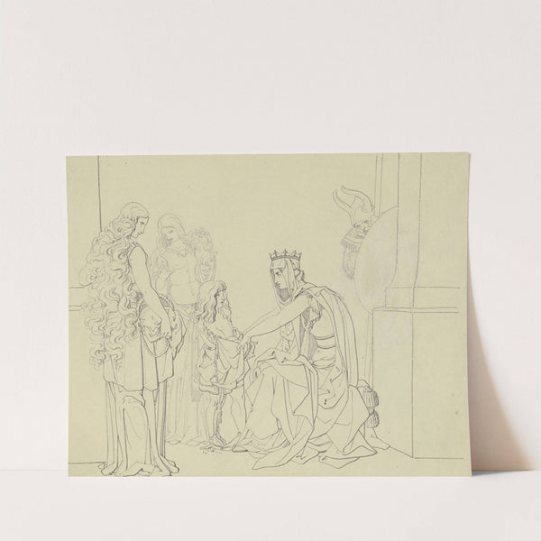 Eine Königin hält mit beiden Händen einen kleinen vor ihr stehenden Prinzen an beiden Armen fest, dabei stehen zwei Frauen und hinter einer Säule ein Ritter by Ferdinand Fellner