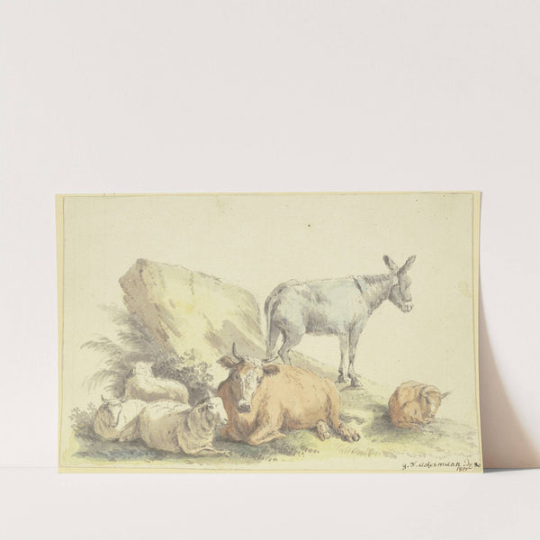 Eine Kuh, drei Schafe, ein Esel und ein Kälbchen by Georg Friedrich Ackermann