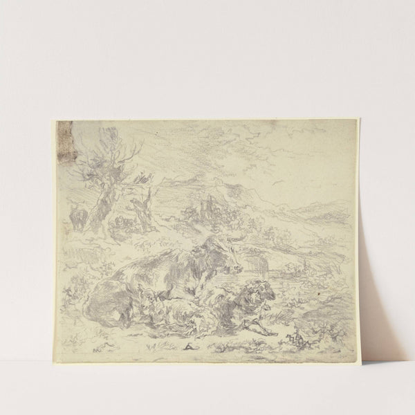 Eine Kuh, eine Ziege und ein Schaf beieinander in einer bergigen Landschaft liegend by Nicolaes Pietersz. Berchem