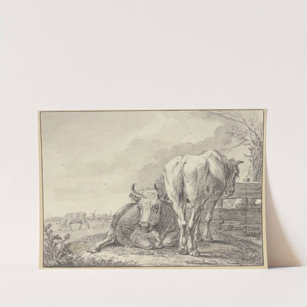 Eine Kuh und ein Pferd an einem Bretterzaun by Hendrik Willem Schweickhardt