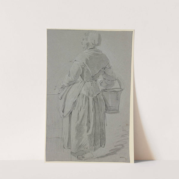 Eine Magd mit einem Henkelkorb in Rückenansicht im verlornen Profil nach links by Jacobus Johannes Lauwers