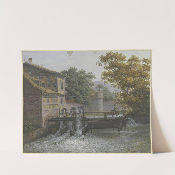 Eine Mühle mit drei Gängen, auf der Brücke ein Mann auf einem Esel by Polyxene Basse