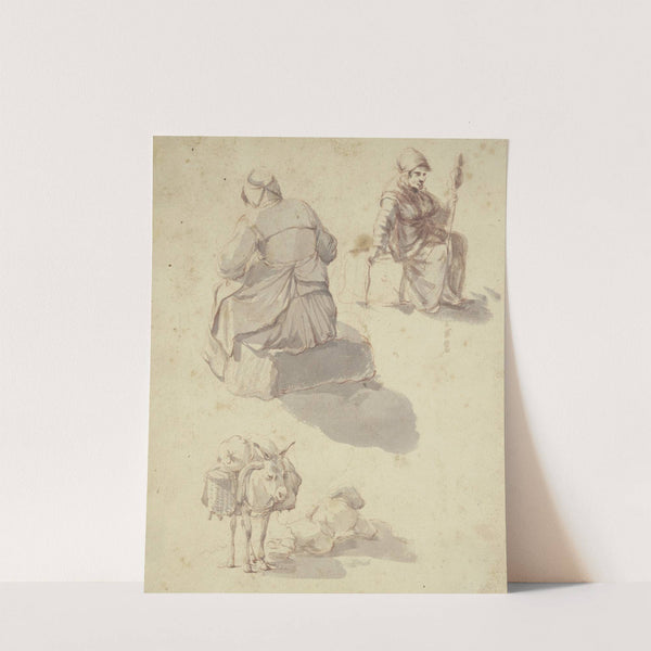 Eine spinnende Frau, eine weitere sitzende Fau in Rückansicht sowie ein beladener Esel, neben ihm der schlafende Treiber by Karel Dujardin