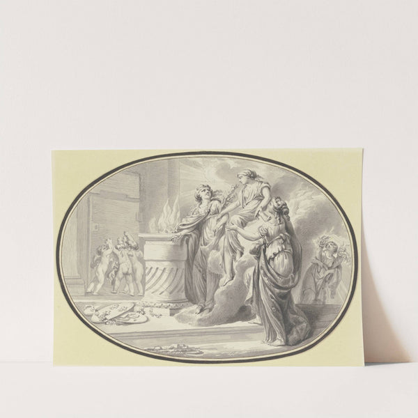 Eine Vestalin zwischen zwei Gefährtinnen vor einem Altar von einer Wolke herabsteigend, im Hintergrund halten drei Amoretten die Tür zum Heiligtum verschlossen by Johann Eleazar Schenau
