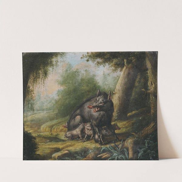 Eine Wildsau mit ihren Jungen. Ein Bär wird von Bienen attackiert. by Georg Ernst Sandner