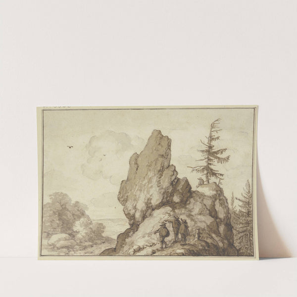 Einzeln stehender Fels mit einer Tanne, dabei drei Männer, ein vierter sitzt unter der Tanne by Allaert van Everdingen