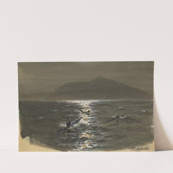 Ekspedisjonens medlemmer i kajakker på vei mot Kornok natten 7. april 1889 (1889) by Thorolf Holmboe