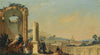 Elegant Figures Conversing Beneath Ruins, A Hill Town With A Tall Spire Beyond