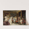Elegant figures entering sedan chairs in an interior by Jean-Paul Sinibaldi