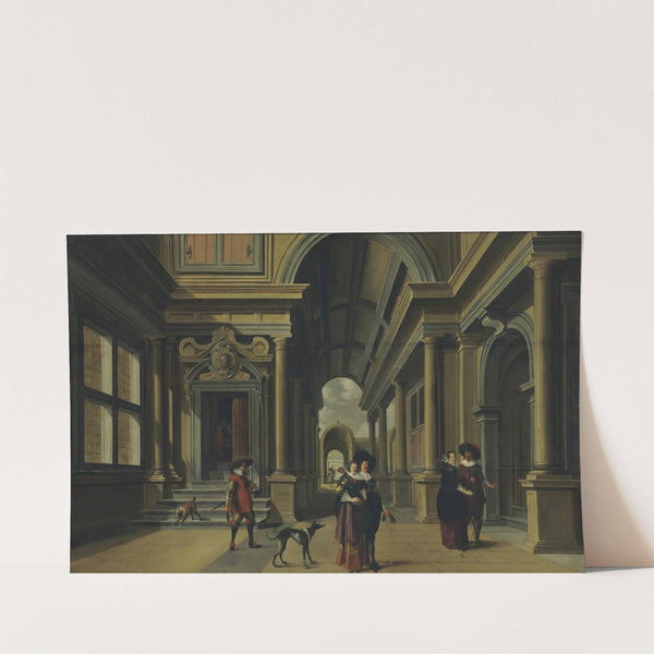 Elegant figures in a courtyard by Dirck Van Delen