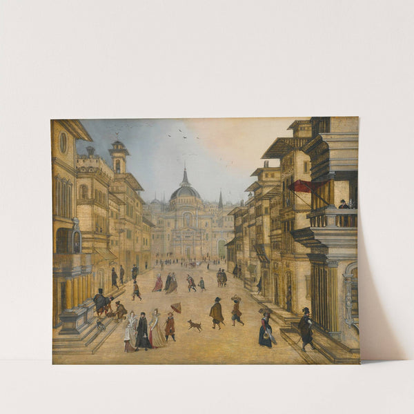 Elegant figures strolling in a renaissance town by Louis de Caullery