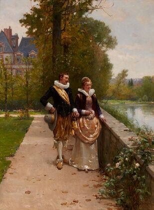 Elegant figures strolling in the park