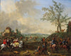 Elegant riders in a hunting scene with falcons