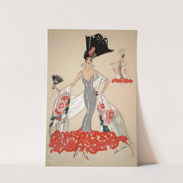 Elegant woman in silver dress holding a fan by John Held, Jr.