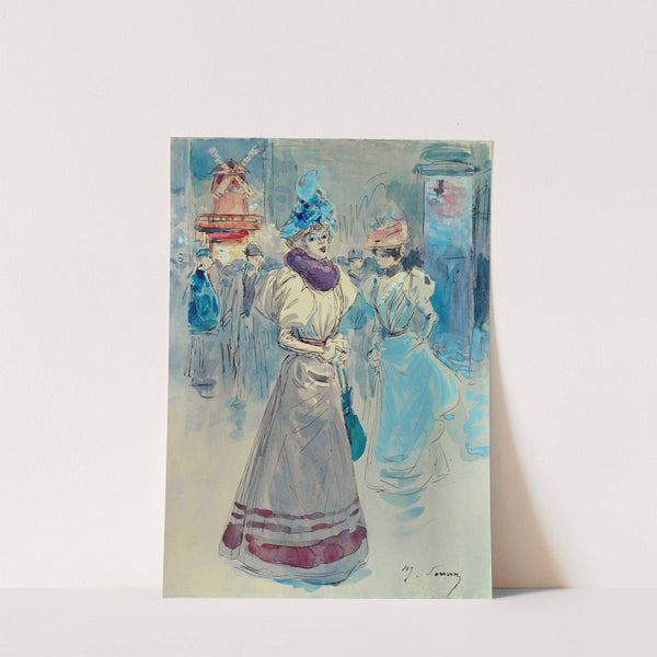 Elégante au chapeau bleu devant le Moulin Rouge, place Blanche, 18ème arrondissement (1890-1900) by Henri Somm