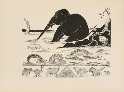 Elephant’s child having his nose pulled by the Crocodile