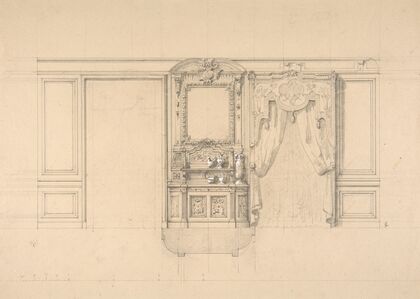 Elevation of a dining room with a carved buffet and window draperies