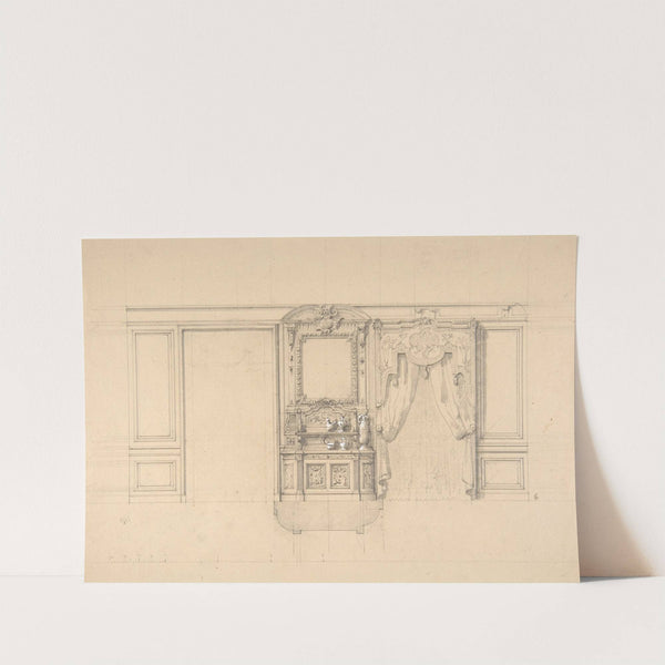 Elevation of a dining room with a carved buffet and window draperies by Jules-Edmond-Charles Lachaise