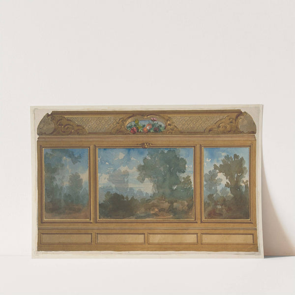 Elevation of a paneled interior decorated with painted landscapes and coves with cartouches and flowers by Jules-Edmond-Charles Lachaise