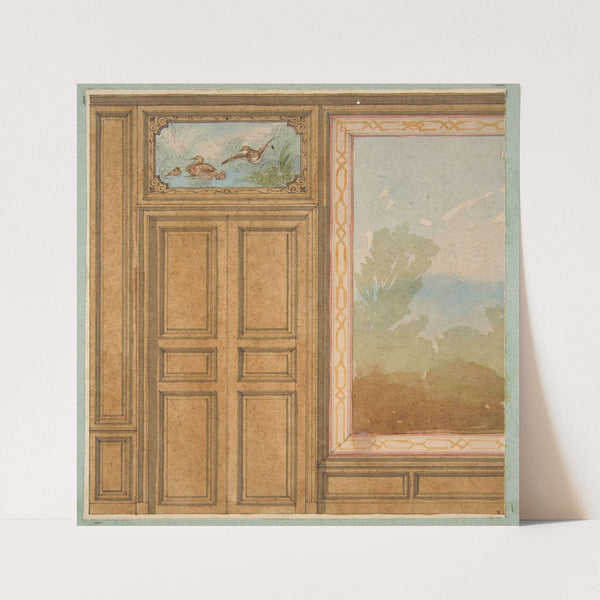 Elevation of a paneled wall with a mural or tapestry and a double doors surmounted by a painting of ducks (19th Century) by Jules-Edmond-Charles Lachaise