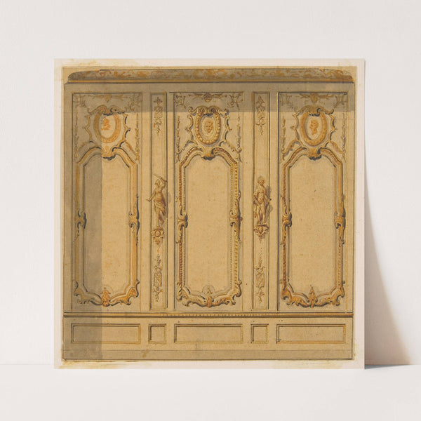 Elevation of an interior showing a wall decorated in ornate panels and mounted statuettes (1830–97) by Jules-Edmond-Charles Lachaise