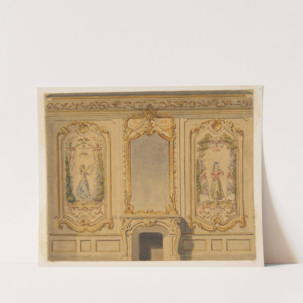 Elevation of an interior wall decorated with a chimney piece surmouted by a mirror and flanked with painted panels by Jules-Edmond-Charles Lachaise