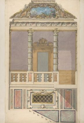 Elevation of an Italianate interior, including steps and an upper loggia decorated in composite columns