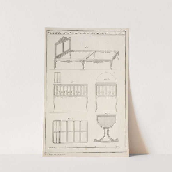 Elévations d’un lit de repos, et differents berceaux ou lits d’enfants. (1769-1774) by André Jacob Roubo