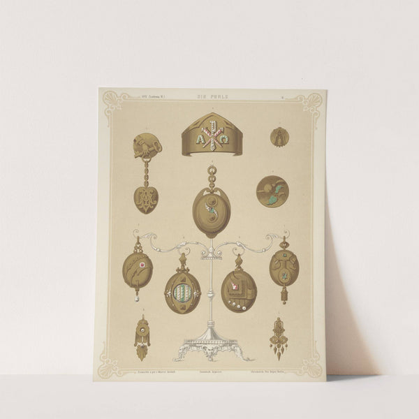 Eleven Designs For Jewelry, Including Some Gold Brooches Displayed On Wrought Silver Stand. (1872 - 1873) by Martin Gerlach