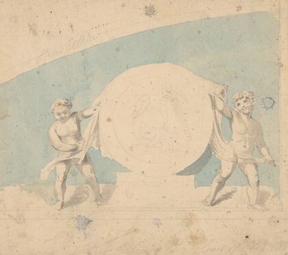 Emblem design with putti unveiling medallion