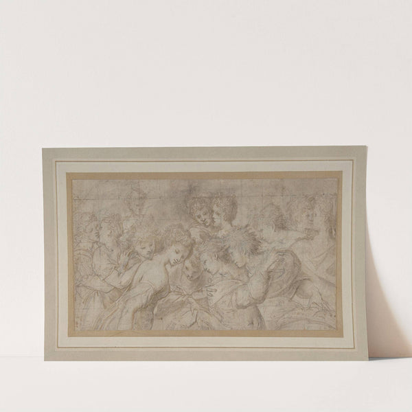 Embracing Female Figures, Some Holding Musical Scores. by Girolamo Mirola