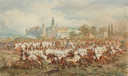 Emperor Franz Joseph I surrounded by the Krakow banderia supplied by Adam Tański at Błonia during the ceremonial entry to Krakow on 1 September 1880 (1880)