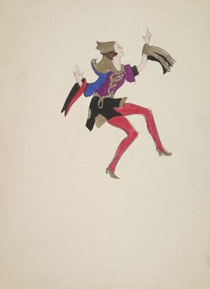 Emperor’s New Clothes: purple and bronze top with one blue sleeve, black skirt, red tights (1934-1943)