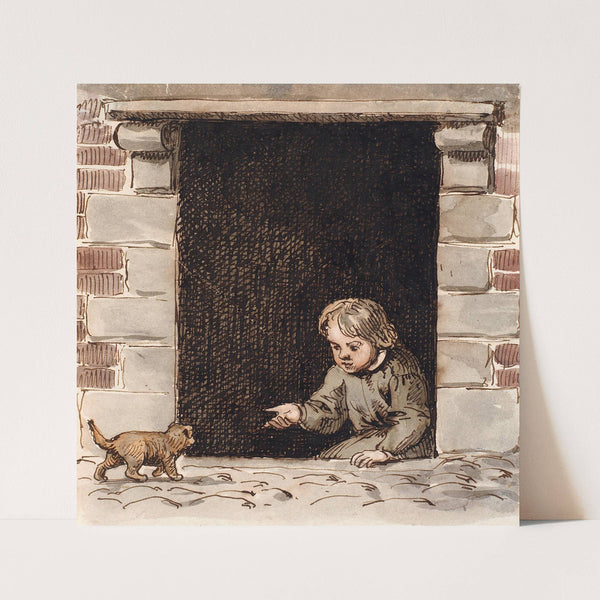 En dreng, der sidder i en kælderdør, lokker for en hundehvalp (1843 - 1845) by P. C. Skovgaard
