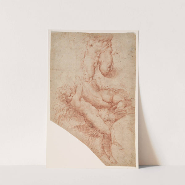 En engel eller putto, en liggende rygvendt kvinde og underkroppen af en muskuløs mand by Paolo Farinati