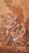 En engel kommer til en sovende eller grublende mand, der omgivet af får, kvæg og duer, sidder i et øde landskab. Englen vækker Elias i ørkenen, 1641 – 1806
