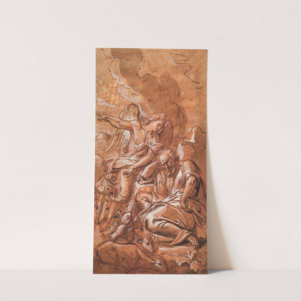 En engel kommer til en sovende eller grublende mand, der omgivet af får, kvæg og duer, sidder i et øde landskab. Englen vækker Elias i ørkenen, 1641 – 1806 by Michel Corneille the Elder