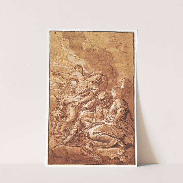 En engel kommer til en sovende eller grublende mand, der omgivet af får, kvæg og duer, sidder i et øde landskab Englen vækker Elias i ørkenen by Michel Corneille the Elder