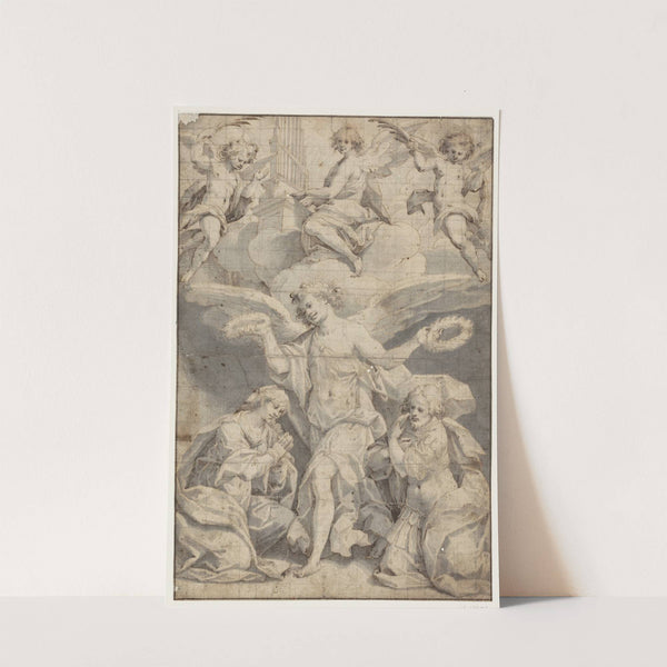 En engel kranser en knælende kvinde og en knælende soldat, mens to engle i skyerne kommer flyvende med palmegrene og en tredje spiller på orgel by Giovanni Battista Trotti