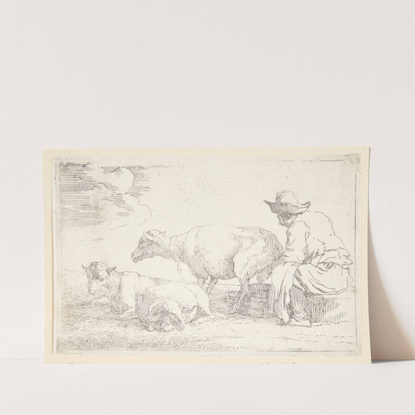 En fårehyrde malker sine får by Jan Miel