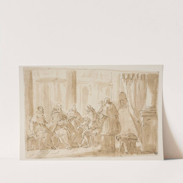 En gruppe med fem gejstlige, der taler med en lægmand by Giovanni Antonio Pellegrini